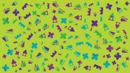 Green background pattern with various shapes, useful for presentations, posters, digital designs, and artistic projects needing a vibrant backdrop.
