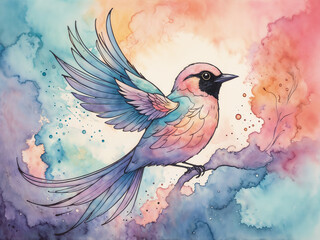 Obraz premium Abstract glow modern hand drawn pastel Illustration of a fairy tale bird colorful watercolor background