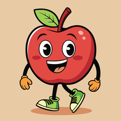 Groovy apple mascot. Funky retro character. cartoon apple, smiling, walking. Funny vintage trendy style character. Doodle Comic collection 