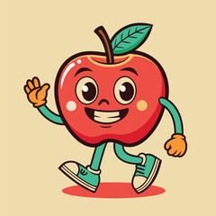Groovy apple mascot. Funky retro character. cartoon apple, smiling, walking. Funny vintage trendy style character. Doodle Comic collection 
