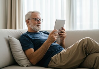 An older caucasian man relaxing on a sofa at home, holding a digital tablet in his hand. He is looking at the screen, perhaps reading a book or browsing the internet. Leisure time concept.