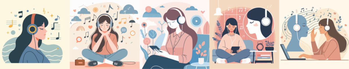 vector image of a woman listening to music