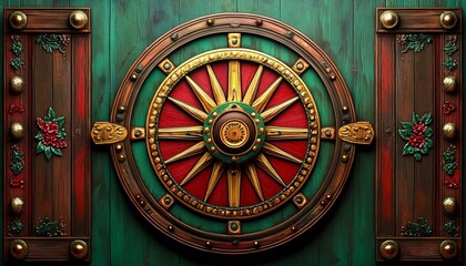 Obraz premium Vibrant festive wheel design with wooden accents, ideal for Cinco de Mayo celebrations, invitations, or promotional materials celebrating Mexican culture.
