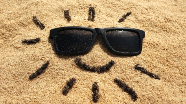 the sun drawn on the sand with sunglasses