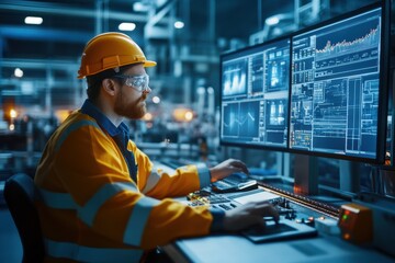 Industrial Worker Monitoring Factory Data on Multiple Screens Advanced Technology in Manufacturing Process