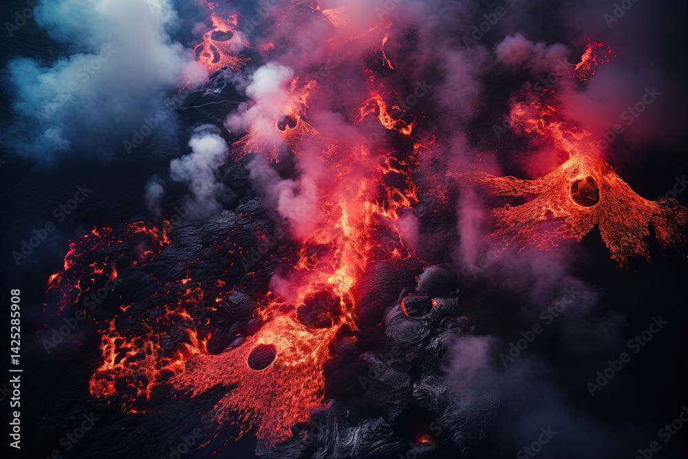 Wall mural volcano eruption from a bird view. volcano crater and magma flow shot from above. genertated ai.