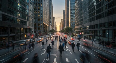 Naklejka premium During twilight in a busy urban area, pedestrians fill the crosswalks as vehicles rush by on the thoroughfare. Towering skyscrapers line both sides of the street, their glass facades reflecting the