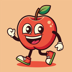 Groovy apple mascot. Funky retro character. cartoon apple, smiling, walking. Funny vintage trendy style character. Doodle Comic collection 