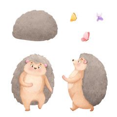 Set with a children's character. A cute hedgehog in several angles with colorful butterflies. Will decorate birthday cards, Mother's Day, Father's Day.
