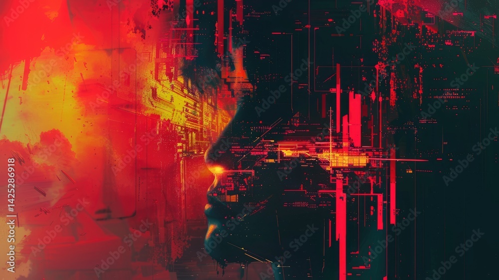 Poster abstract of complex glitch with broken pixel effect in cyber background. human shape and colorful pa