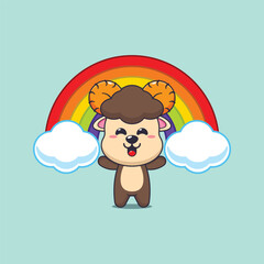 Cute ram cartoon vector illustration with rainbow