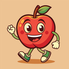 Groovy apple mascot. Funky retro character. cartoon apple, smiling, walking. Funny vintage trendy style character. Doodle Comic collection 