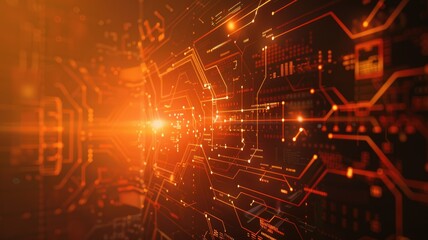 Fototapeta premium Glowing orange circuit board with detailed lines and patterns on a dark background. Digital art for design. Abstract image of wireframe or motherboard with glowing color with electronic parts. AIG53.
