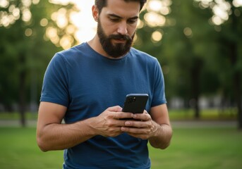 Man using a mobile phone outdoors in a park setting. Caucasian male looking at a smartphone screen while standing in nature. Digital connectivity and technology concept for everyday use.
