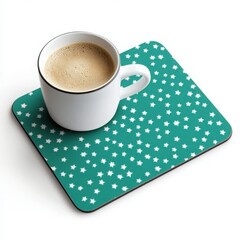 White Coffee Cup on Teal Star Coaster