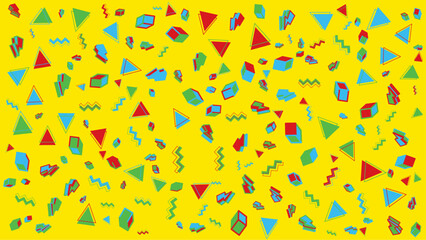Pattern of red, blue, and green geometric shapes on yellow background. Perfect for graphic design projects, wallpapers, and vibrant themed designs.