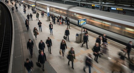 At a bustling urban train station during a chilly winter evening, commuters hurry to catch their trains. Clusters of people move briskly along the platform, some checking schedules while others talk