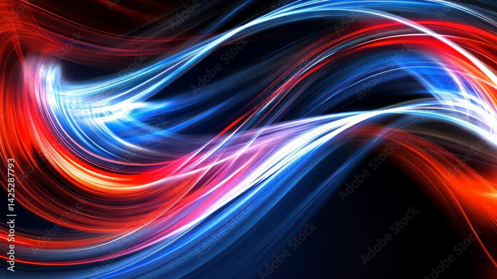 Poster abstract swirling red and blue light patterns.