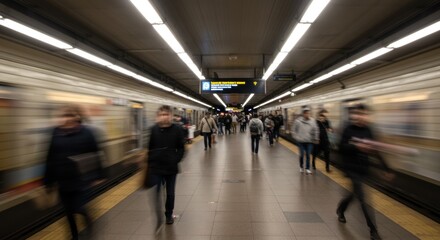 Crowds fill a bustling subway station, where people hurry along the platform amid bright overhead lights. Commuters travel in both directions, with some checking their phones or glancing at the
