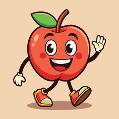 Groovy apple mascot. Funky retro character. cartoon apple, smiling, walking. Funny vintage trendy style character. Doodle Comic collection 