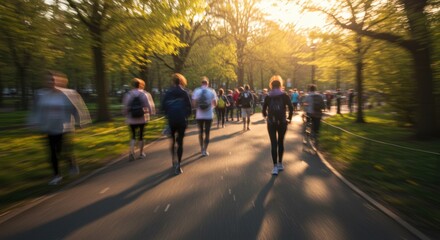 People participate in a morning jogging session in a bustling city park, taking advantage of the bright and sunny day. The path is lined with vibrant trees, their leaves glowing in the sunlight