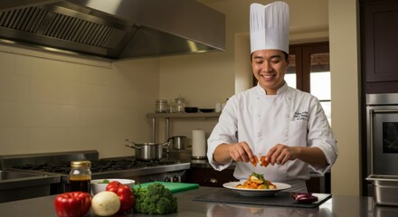 A chef in a professional kitchen is meticulously plating a dish of pasta, showcasing his culinary skills. He is carefully garnishing the plate with fresh herbs and seafood. Brightly colored vegetables