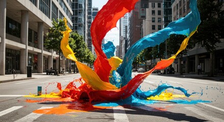 Bright splashes of red, blue, and yellow paint are artistically thrown in an urban setting, bringing vibrant color to the normally dull city landscape. The scene unfolds during daytime, with sunlight
