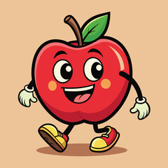 Groovy apple mascot. Funky retro character. cartoon apple, smiling, walking. Funny vintage trendy style character. Doodle Comic collection 