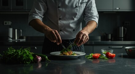 A chef in a professional kitchen expertly garnishes a beautifully plated dish with fresh herbs and vegetables. The workspace is illuminated with soft lighting that highlights the array of vibrant