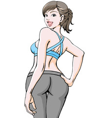 振り返る笑顔の女性_スポーツウェア_腰に手_上半身2