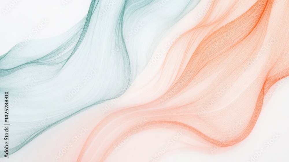 Poster Abstract flowing lines of pencil strokes in muted hues of green and orange, creating a delicate and ethereal pattern on a white background