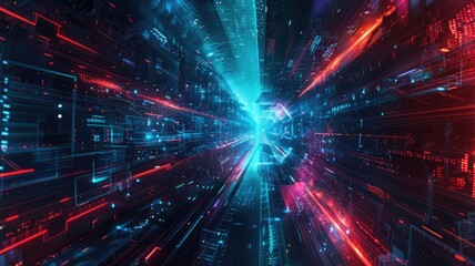 Fototapeta premium Abstract picture digital style scenery high tech building or structure with glowing fantasy neon light. Cyberpunk or cyberspace scene technology design construction and electric particle flow. AIG53.