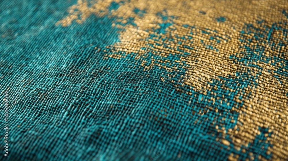 Poster textured burlap fabric with a striking teal and gold color blend for design and decorative arts