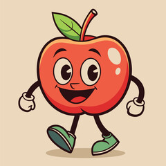 Groovy apple mascot. Funky retro character. cartoon apple, smiling, walking. Funny vintage trendy style character. Doodle Comic collection 