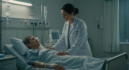 A healthcare professional attends to a patient lying in a hospital bed at night. The nurse, focused and compassionate, is gently checking on the patient’s condition while offering comfort. The room