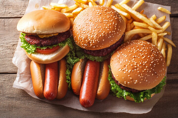 Fast food table top view hamburger hot dog snack
