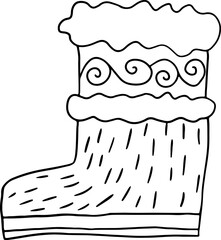 traditional yakut single boot made of reindeer fur with pattern and fur patch, side view, hand drawn with black curved lines