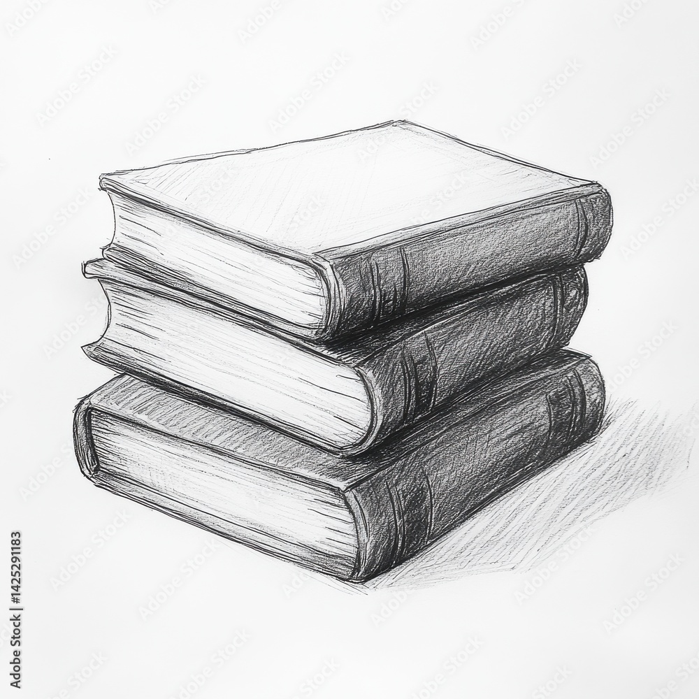 Poster stack of three books with visible spines and leather covers - detailed pencil sketch art