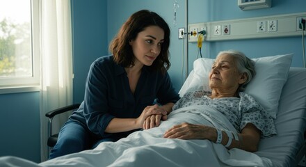 A woman sits beside an elderly patient in a hospital room, offering comfort and support. The woman gently holds the patient's hand, displaying emotional connection and care. Soft lighting fills the