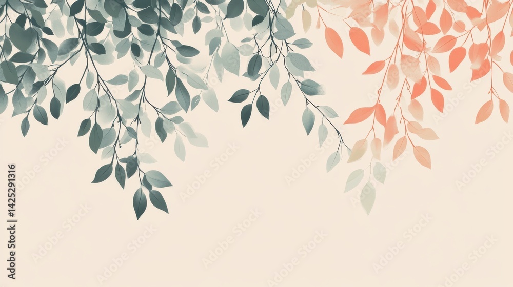 Poster serene botanical illustration with sage green and coral leaves on branches creating a tranquil, calm