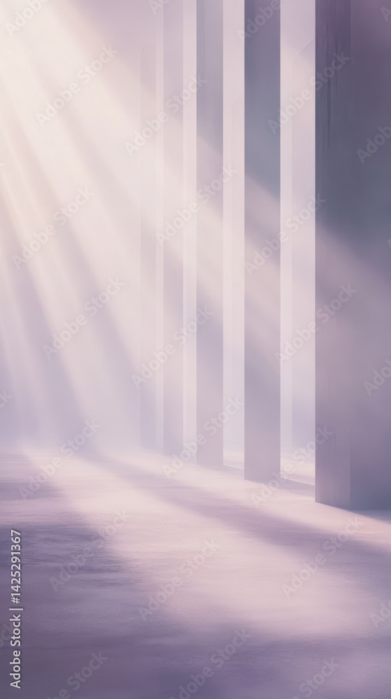 Poster ethereal hallway with sunbeams and pastel colors - abstract architectural design in soft lavender an