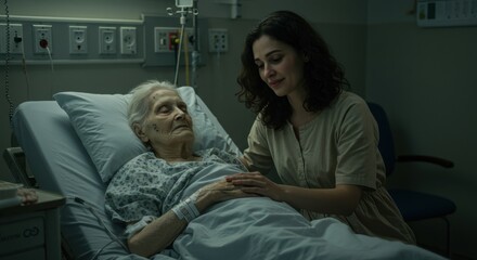 A caregiver gently holds the hand of an elderly patient resting in a hospital bed. The patient, with white hair, appears to be receiving comfort and support during a vulnerable time. The soothing