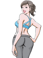 振り返る笑顔の女性_スポーツウェア_腰に手_上半身2.eps