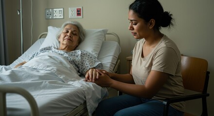In a quiet hospital room, a young woman sits beside an elderly woman, holding her hand tenderly. The older woman lies in bed, looking peaceful yet frail, dressed in a hospital gown. Sunlight filters