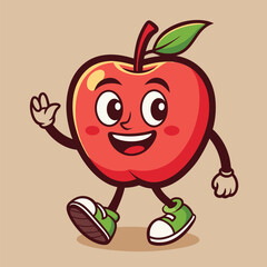 Groovy apple mascot. Funky retro character. cartoon apple, smiling, walking. Funny vintage trendy style character. Doodle Comic collection 