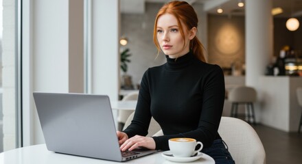 A young woman is seated at a stylish table in a modern café, focusing intently on her laptop. She is dressed in a fitted black turtleneck and has her red hair styled in a loose ponytail. A warm cup