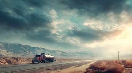 Fuel Tank Truck Navigates Expansive Desert Road Under Dramatic Skies in Cinematic Composition