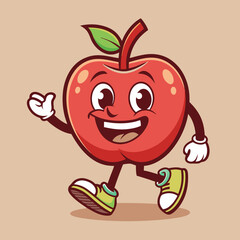 Groovy apple mascot. Funky retro character. cartoon apple, smiling, walking. Funny vintage trendy style character. Doodle Comic collection 
