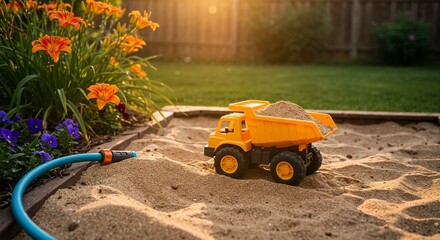 Colorful sandbox toy truck in a sunny garden setting  