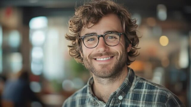Smiling Man Portrait: A charismatic man radiates warmth and approachability with a genuine smile and a warm, inviting gaze. Capturing the essence of joy and contentment.